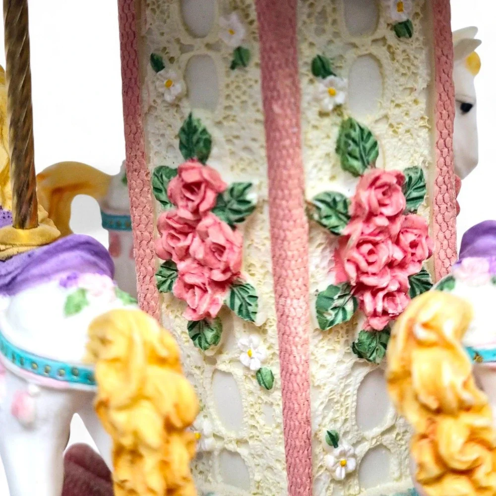 Musical Rotating Carousel Horse Music Box Plays Carousel Waltz Pink Floral